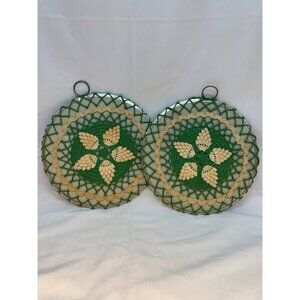 2 PC Vtg Green and Beige Hand Crochet Grapes Doily on Cardboard Wall Decor